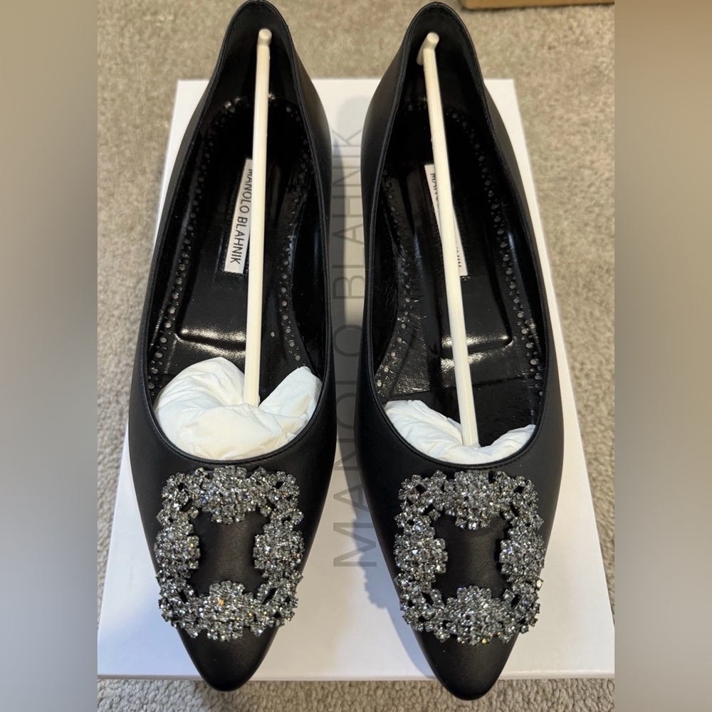 Manolo Blahnik Black Leather Crystal Buckle Flats